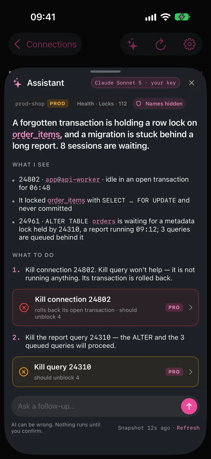 Assistant answer about a forgotten transaction that holds a row lock, with the suggested kills