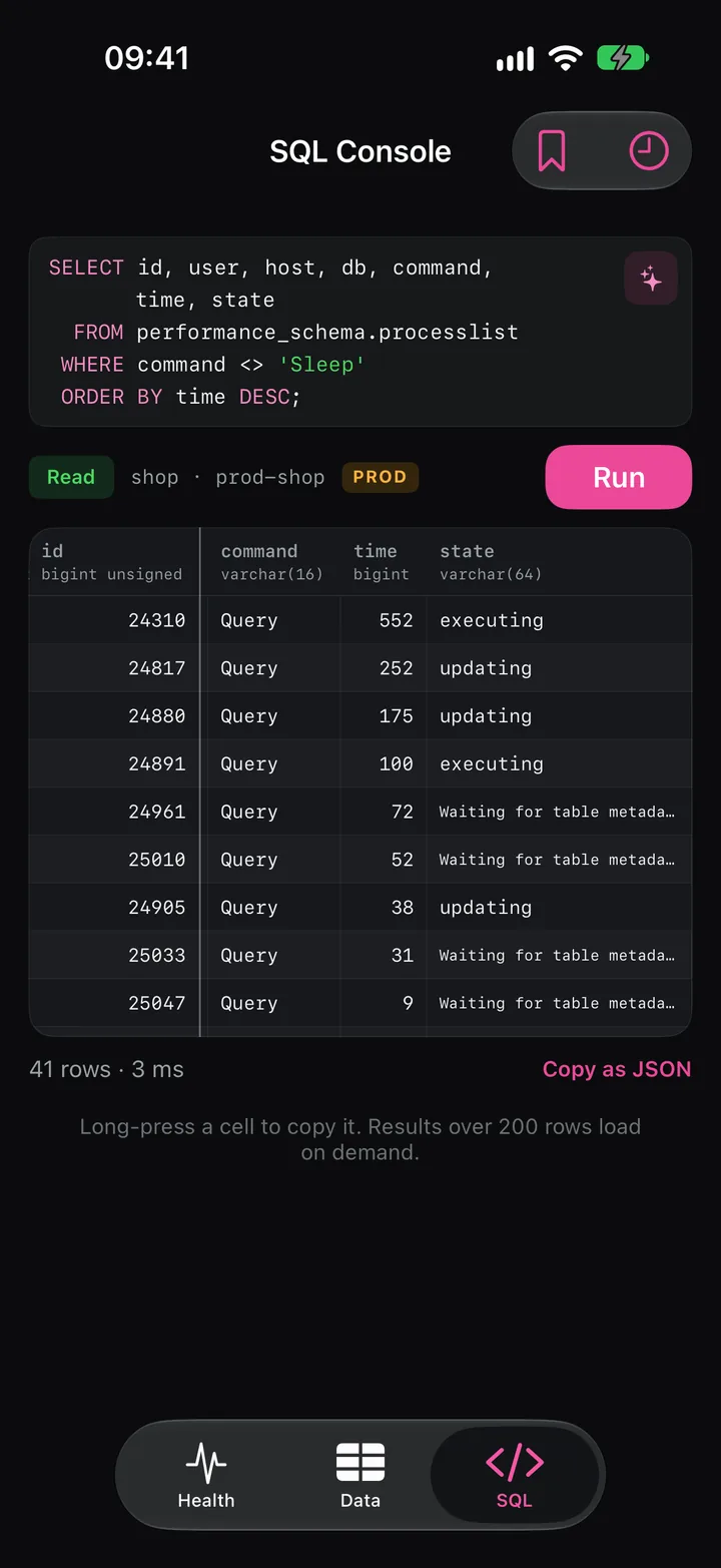 SQL console with a read query on performance_schema and its result