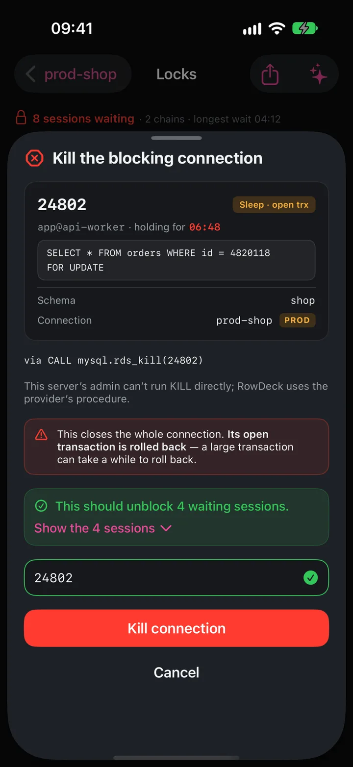 Kill the blocking connection sheet: thread 24802 typed to confirm, the call to mysql.rds_kill, and This should unblock 4 waiting sessions