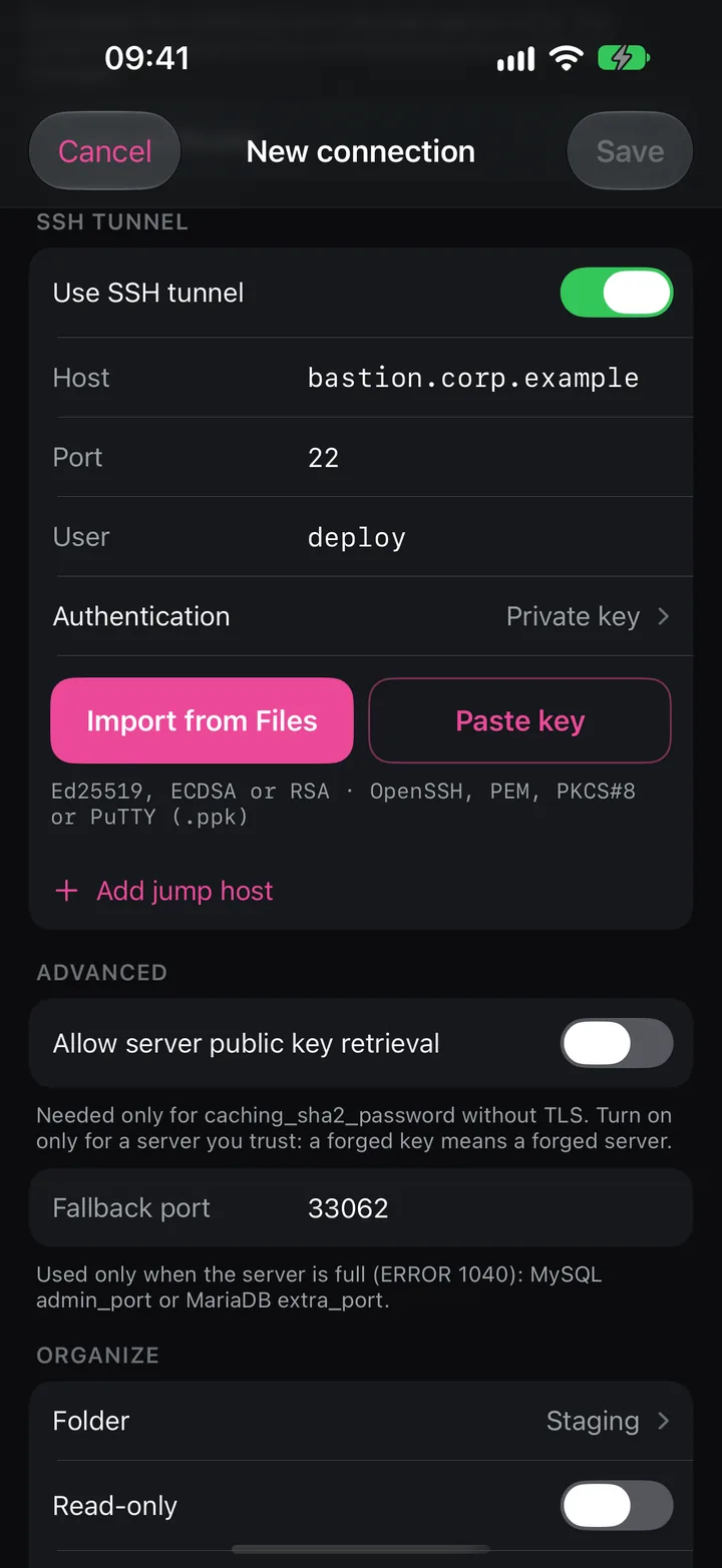 New connection form with an SSH tunnel through a bastion and key import